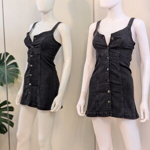 BOGO ✨ BDG Stretchy Denim Button Front V-Neck Overall Mini Dress Size XS Black